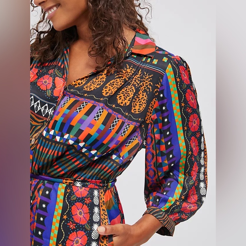 Farm x Anthropologie ‘Ciela’ Multiprint Button Down Colorful Midi Dress XS